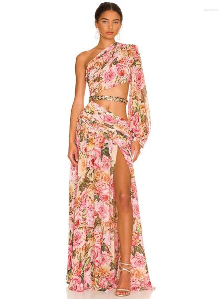 Vestidos casuales Mujeres Vestido de verano 2024 Sexy Manga larga Un hombro Floral Gasa Maxi Elegante Split Fiesta de noche