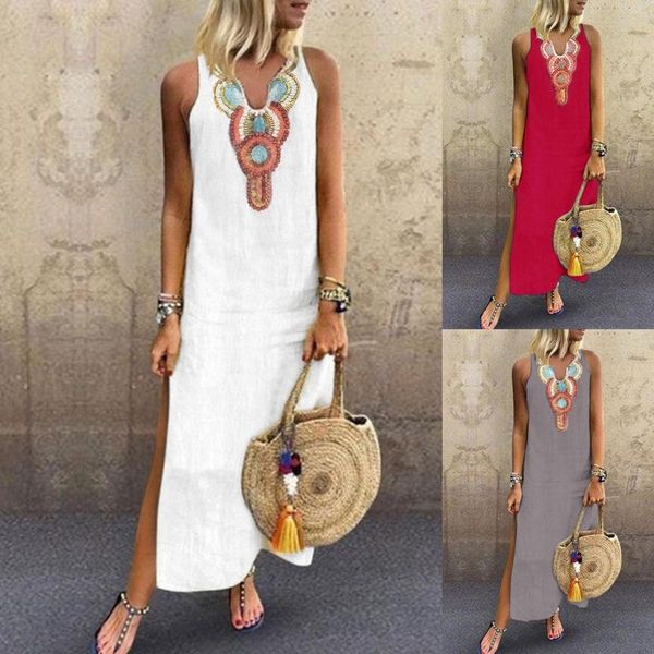 Robes décontractées femmes robe d'été Boho imprimé sans manches Maxi lâche dames ourlet fendu Baggy caftan lin longues Vestidos De Mujer