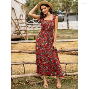 Robes décontractées Femmes Robe d'été Imprimé floral Maxi Bohème Hippie Sans manches Longues Vêtements pour femmes 2023 Taille haute