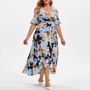Casual jurken vrouwen zomerjurk onregelmatige zoom bloem drukken veter bohemia stijl plus size dames vrouwelijke kleding