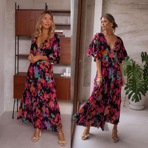 Casual jurken vrouwen zomerjurk lange mouw backless borduurwerk bloemenprint bloemen maxi 2022