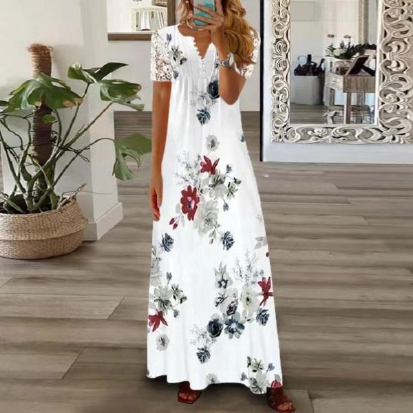 Vestidos casuales Vestido de verano para mujer Color rico Estampado floral Cuello en V Maxi Encaje Patchwork Hollow Out Dress-up Manga corta Plisado Boho