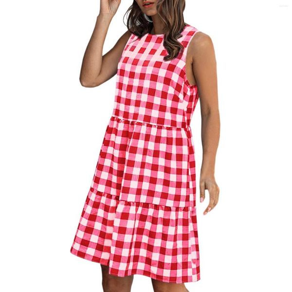 Robes décontractées femmes Robe d'été Vintage Plaid imprimé sans manches volants 2023 élégant Robe de soirée Femme Femme ample balançoire une ligne