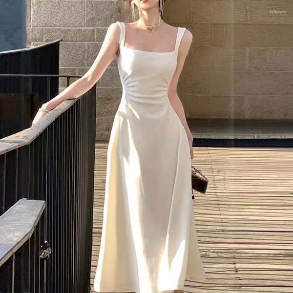 Vestidos informales Vestido de verano para mujer Tirante de color sólido blanco Una línea Temperamento Control de cintura Ropa de mujer larga definida