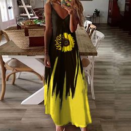 Robes décontractées Femme Summer Robe de mode Souchée Sunflower Imprimé de soleil imprimé swing élégant Swing Long lâche