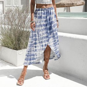 Casual Jurken Vrouwen Zomer Mode Verven Print Mid-Lengte Furcal Rok Jurk Hoge Split Dames Overrok Kobieta Sukienka