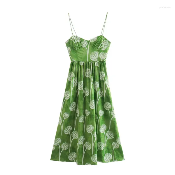 Vestidos casuales Mujeres Verano Moda Estampado floral Pliegues Cintura alta Big Swing Sling Midi Vestido Mujer Chic Spaghetti Strap Party