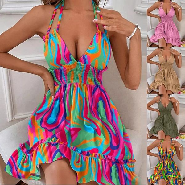 Vestidos casuales Mujeres Verano Halter Profundo V Cuello Sundress Sexy Sin respaldo con volantes Smocked Vestido corto Cintura Abierta Espalda Mini Skater 2023