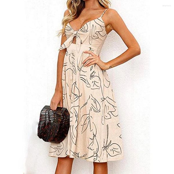 Robes décontractées Femmes Summer Lace-Up Front Tie Robe Elegant Female V Neck Button A-Line Backless Midi Spaghetti Spaghetti