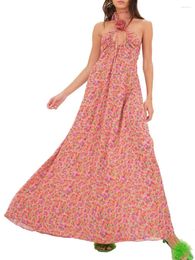 Lässige Kleider für Damen, Sommer, lang, 3D-Blume, Spaghettiträger, Maxikleid, Blumendruck, zum Binden, Neckholder, ärmellos, rückenfrei