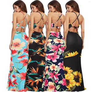 Robes décontractées Femmes Summer Maxi Sundress Sangle Boho Beach Holiday Sans bretelles Dos nu Sexy Satin Imprimer Vintage Robe longue pour les robes de fête