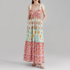 Robes décontractées Femmes Summer esthétique Robe maxi fluide Tie sans manches épaule Boho Y2k Fairal Floral Beach Sund fouettes