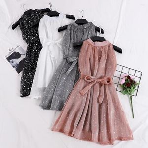 Robes décontractées Femmes Été Sexy Bling Star Imprimer Organza Halter Soie Mini Bow Robe À Lacets Bandage Sangle Pull En Mousseline De Soie Courte Plage