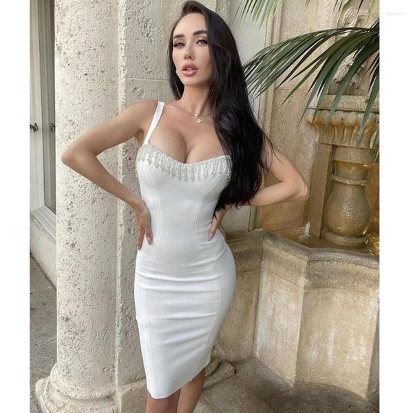 Vestidos casuales Mujer Verano Sexy Diamantes Cristal Borla Negro Blanco Bodycon Vendaje Vestido 2023 Elegante Noche Fiesta Club Vestidos