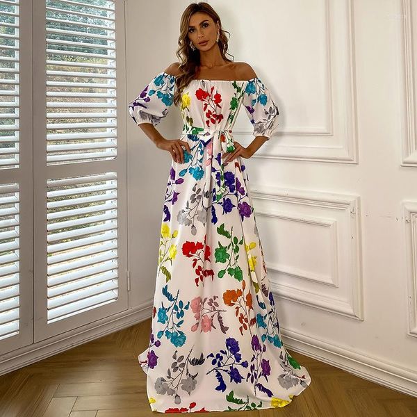 Robes décontractées Femmes Été Sexy Slash Cou Trois Quarts Manches Dos Nu Épaule Floral Imprimer Luxe Maxi Longue Robe De Soirée