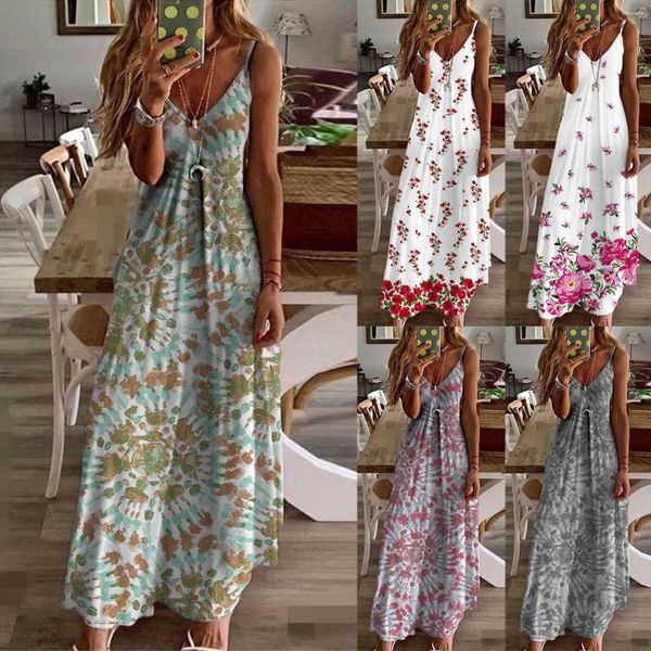 Vestidos casuales Mujer Verano Sexy Sin mangas Cuello en V Vestido largo con estampado de flores Invierno lindo para