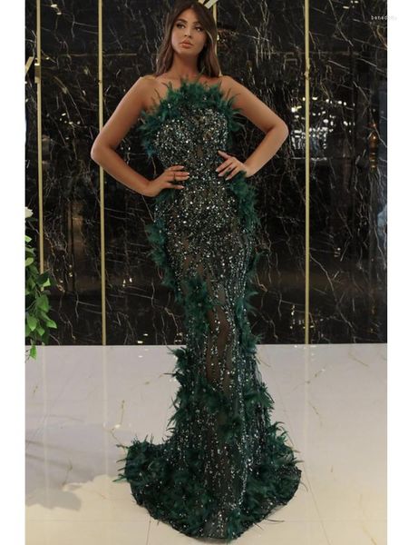 Robes décontractées Femmes Été Sexy Sans bretelles Hors épaule Dos nu Mesh Paillettes Plume Vert Maxi 2023 Bodycon Élégant Soirée Club