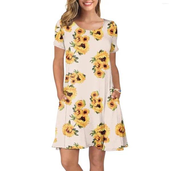 Vestidos casuales Vestido de verano de manga corta con estampado de girasol y bolsillos para mujer