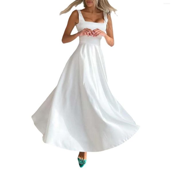 Robes décontractées femmes été sans manches a-ligne robe blanche couleur unie taille haute col carré fête plage Cocktail Clubwear
