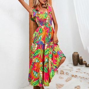 Casual jurken vrouwen zomer mouwloze ingepakte borst strappy print taille spaghetti riem strand lange jurk sexy mode vestidos