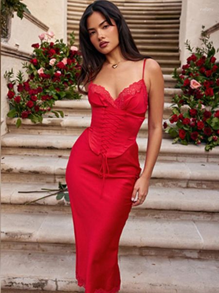 Robes décontractées femmes été cravate Sexy col en v dentelle Satin fête discothèque soirée rue plage mi-mollet robe Camis rouge vert noir