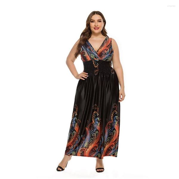 Robes Décontractées Femmes D'été Robe À Col En V Imprimé Floral Boho A-Line Plage Élégante Plus La Taille Maxi Robe Resort Jupe Party Disco Costume 5X