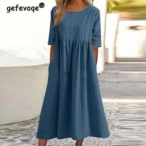 Robes décontractées Femmes Été Vintage Simple Streetwear Coton Lin Solide Manches courtes Plissée Surdimensionnée Plage Midi Robe Robe