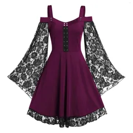 Vestidos casuales Mujeres Sundress Gothic Punk Girls Midi Vestido Sexy Lace Patchwork Manga larga Flare Harajuku Hombro frío Strappy Halloween