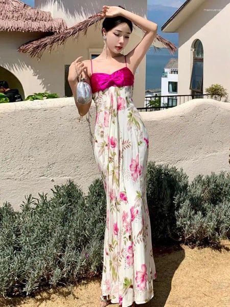 Robes décontractées Femmes Suspende Robe Resort Style Super Fairy Floral Patchwork Bow V-Neck Summer Sinon Party Long Sund Dress sans dos