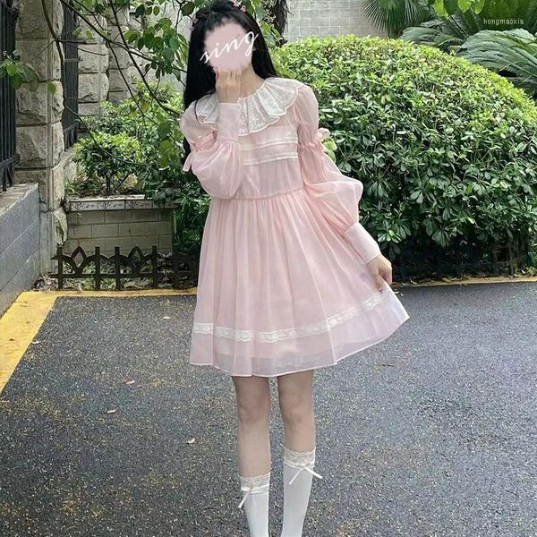 Vestidos casuales Mujeres Dulce Kawaii Diseño de encaje Mini vestido rosa Estilo coreano Universidad Moda gótica Verano Manga larga Fiesta sexy