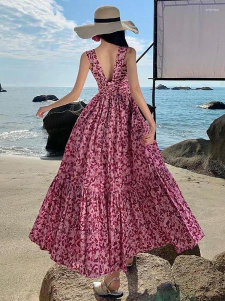 Robes décontractées Femmes Sweet Pink Floral Col V Taille Haute Taille Longue Robe Longue 2024 Été Boho Imprimer Sans Manches Plissée Gilet De Vacances