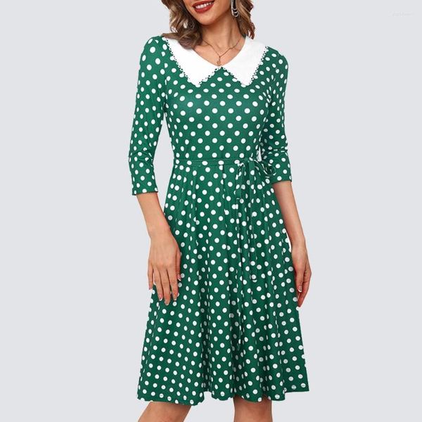 Vestidos casuales Mujeres Dulce Vintage 3/4 Manga Peter Pen Collar Polka Dots Bow Knot A-Line Dress HA321