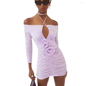 Robes décontractées Femmes Entraînement Halterneck Preed Party Robe à manches longues Slim Fit Mini Cocktail Purple 3D Flower Decor BodyCon