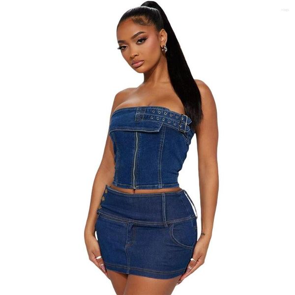 Vestidos casuales Mujer Chándal Conjunto de dos piezas Jeans Sin tirantes Camiseta sin mangas Mini vestido Ropa para atuendo