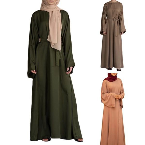 Vestidos casuales Mujeres Turquía Árabe Musulmán Eid Abaya Dubai Maxi Vestido Flare Manga larga Color sólido Islámico Kaftan Hijab Tie Waist Robe