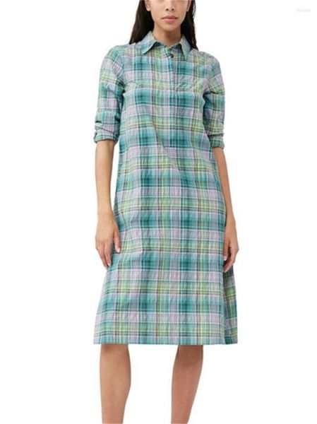 Robes décontractées femmes col rabattu vert Plaid imprimé Robe 2023 été femme couvert simple boutonnage à manches longues droite Midi Robe