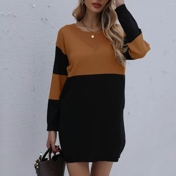 Vestidos casuales Mujeres Cuello alto Suéter Vestido Otoño/Invierno Punto Cálido Cuello redondo Colorblock Manga larga Mini tejido