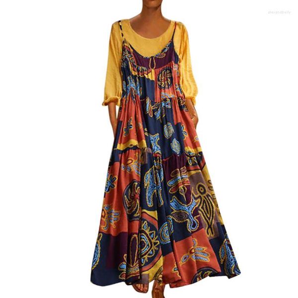 Robes décontractées femmes deux pièces coton lin robe rétro floral BOHO Maxi robe d'été à bretelles grande taille M-5XL U4LF