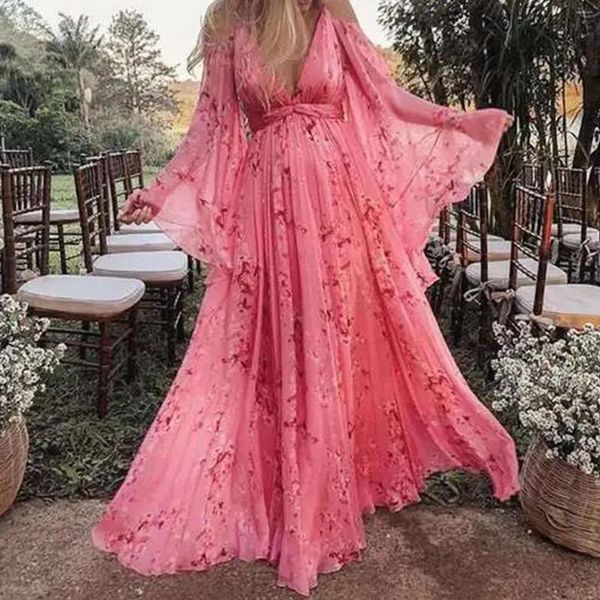 Robes décontractées Femme V cou coude en mousseline de couche florale rose lâche longue jupe froide épaule swing vestidos para mujer