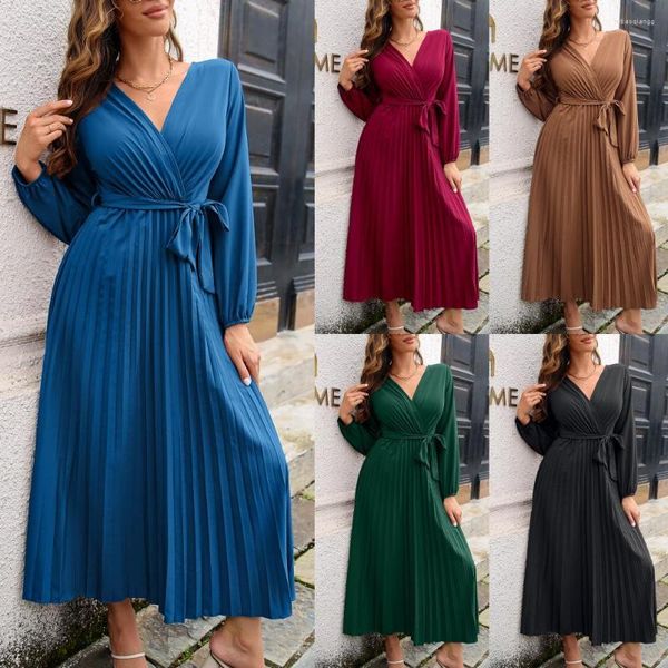 Robes Décontractées Femmes Col En V Croix Sexy Long Drees Robe Pull Solide Tempérament Automne Et Hiver Jupe Européenne Américaine Plissée