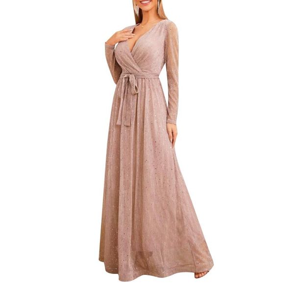 Robes décontractées Femmes V-Col Robe Polyester Paillettes Surface Tie Up Taille Robe plissée Longue Manches Sheer Party