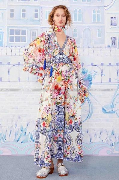 Robes décontractées Femme V cou de coude épaisse grosse grande manche de fleur rétro imprimement fleurie maxi