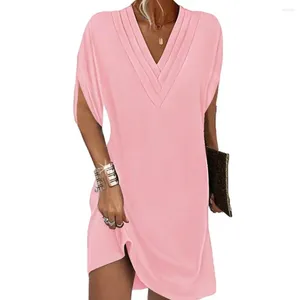 Robes décontractées Femme V cou mini robe plissée à moitié manche de chauve-souris Couleur solide