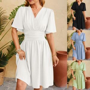 Casual Jurken Vrouwen V-hals Zomerjurk Effen Kleur Hoge Taille Uitlopende Mouw Mode Ruches Elegante Dames Geplooide Vestidos