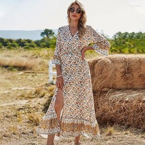 Casual jurken Women V Neck Drie kwart mouw Hoge taille lange jurk voor zomerjurken Spring Boheemse print