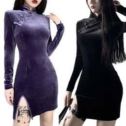 Casual jurken vrouwen vintage cheongsam bodycon jurk gothic solide kleur mandarijn kraag split met lange mouwen korte mantel feestclub y2k y2k