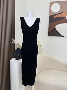 Casual jurken Women Vintage Classic Black Color Mid-Long Vestidos V-Neck Slim Mouwloze Split Split Design Party Prom-jurk enkellengte