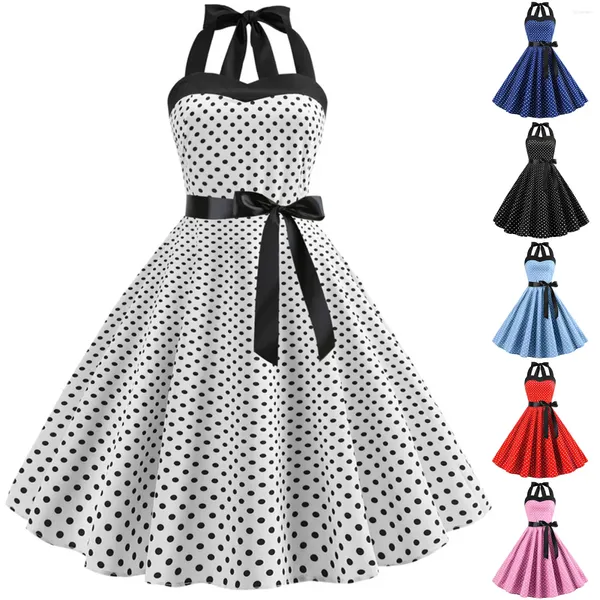 Vestidos casuales Mujeres Vintage Dot Impresión Sin mangas Vendaje Fiesta de noche Swing Estilo clásico Vestido de moda Verano