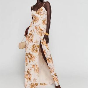 Casual jurken vrouwen vintage bloemenprint maxi sling jurk v nek sexy hoge split strapless