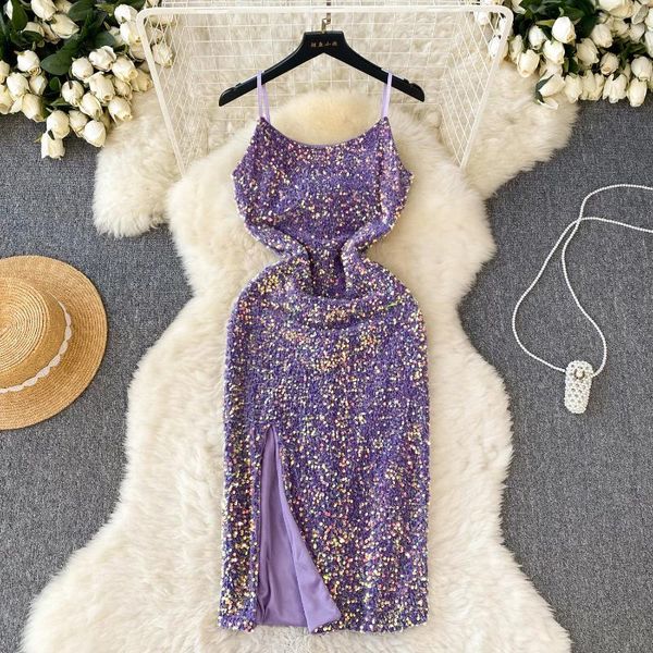 Robes décontractées Femmes Vintage Hip Wrap Cérémonial Robe Sequin Slip Slip Split Sexy Of épaule du soir Party Robe